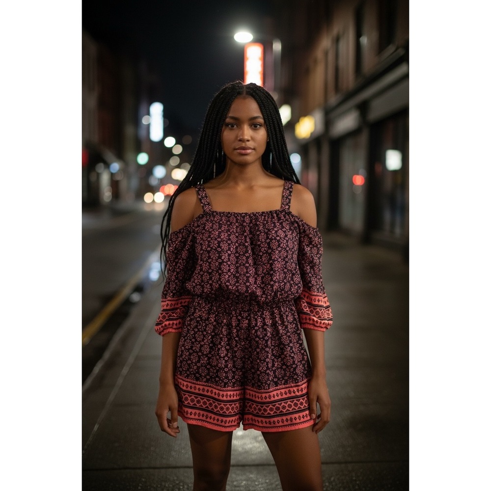 Arizona Jean Co Pink Navy Blue Cold Shoulder Boho Romper 20P